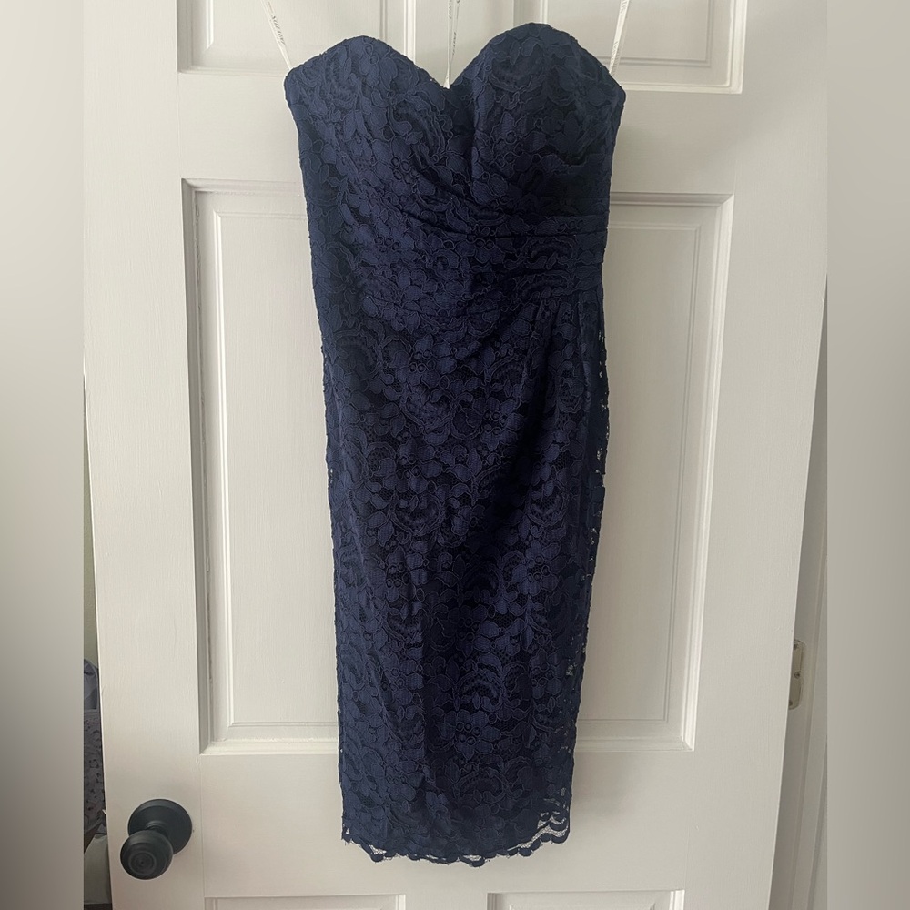 David's Bridal Strapless Navy Lace Dress
